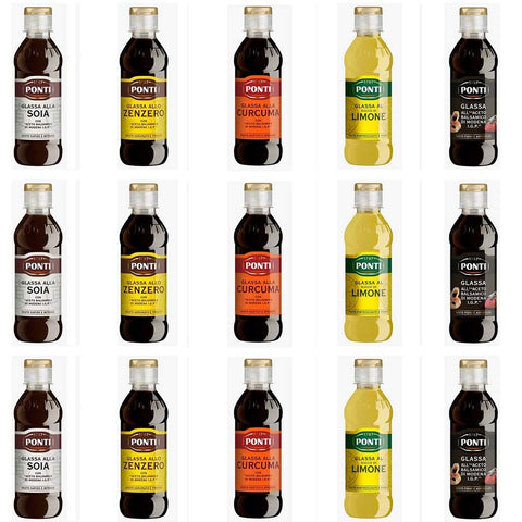 Testpaket Ponti Glassa Gastronomische Glasuren Würzsaucen 15 Stück Ingwer Glasur - Soja Glasur - Glasur mit Zitronensaft - Glasur mit Kurkuma - Balsamico Essig glasieren