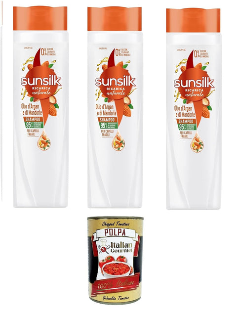 Sunsilk, Argan- und Mandelöl-Shampoo, Shampoo für brüchiges und geschädigtes Haar, mit Arganöl und Bio-Mandelöl, 3x250ml+ Italian Gourmet polpa 400g