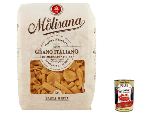 10x La Molisana Pasta mista N. 58 Pasta Lenta Lavorazione Teigwaren aus Hartweizengrieß Bronze-Zeichnung 500g + Italian Gourmet Polpa 400g