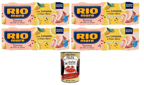 Rio Mare Tonno all’Olio di Oliva con Limone e Pepe Nero Thunfisch in Olivenöl mit Zitrone und schwarzem Pfeffer 4x195gr Packung mit 3 65g-Dosen+ Italian Gourmet polpa 400g