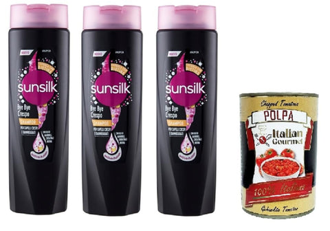 Sunsilk bye bye crespo shampoo per capelli crespi e danneggiati Bye Bye Frizzy Shampoo für krauses und strapaziertes Haar 3x250 ml+ Italian Gourmet polpa 400g