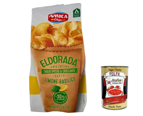 10x Amica Chips Eldorada Salzige Kartoffelchips mit Zitrone und Basilikum 130g glutenfreie knusprige Kartoffel chips + Italian Gourmet poplpa 400g