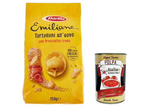 12x Barilla Pasta all' Uovo Le Emiliane Tortelloni con Prosciutto Crudo , Eiernudeln, Pasta mit Ei 250g + Italian Gourmet polpa 400g