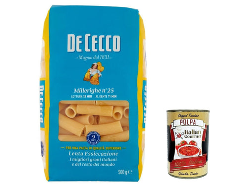 10x De Cecco Pasta 100% Italian Millerighe n° 25 Noodles 500 g + Italian Gourmet Polpa 400 g