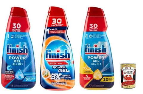 Testpaket Finish Powergel Flüssigwaschmittel für die Spülmaschine, multifunktional, entfettende Wirkung, 30 Wäschen 3 x 600ml + Italian Gourmet polpa 400g
