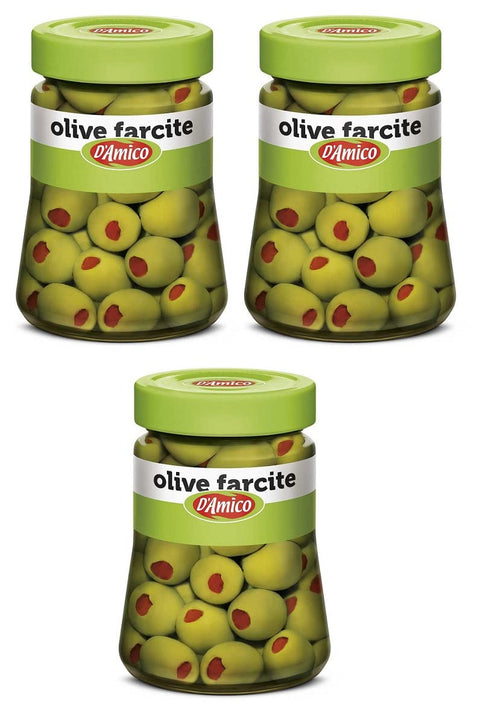 3x D'Amico Olive Verdi Farcite con Pasta di Peperoni Grüne Oliven in Salzlake Gefüllt mit Peperonipaste 290g