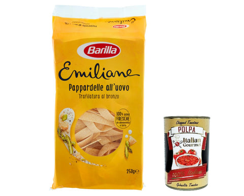 12x Barilla Pasta all' Uovo Le Emiliane Pappardelle, Eiernudeln, Pasta mit Ei 250g + Italian Gourmet polpa 400g