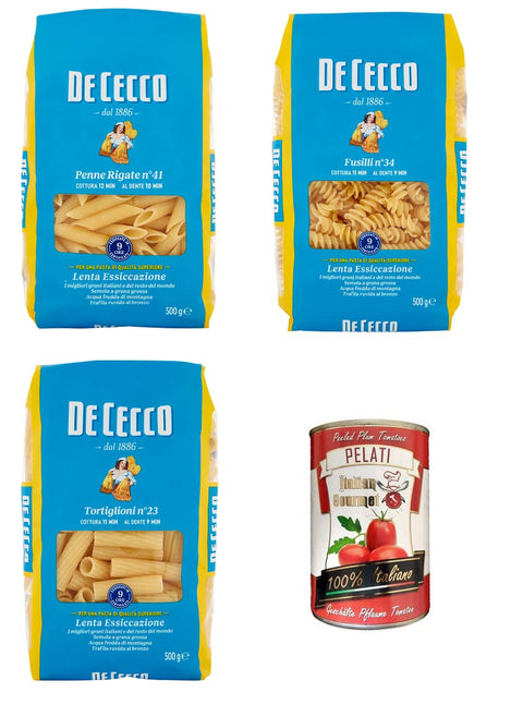 TESTPAKET De Cecco Pasta 1x Penne Rigate n°41 1x Fusilli n°34 1x Tortiglioni n°23 ( 3 x 500g ) + 1x Italian Gourmet 100% italienische geschälte Tomaten dosen 400g
