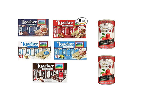 TESTPAKET Loacker milch, shoko, vanilla, Haselnuss e milch e shoko 5 x 180g + Italian Gourmet 100% italienische geschälte Tomaten dosen 2x 400g