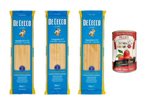 TESTPAKET De Cecco Pasta 1x Spaghetti n°12 1x Linguine n°7 1x Bucatini n°15 ( 3 x 500g ) + 1x Italian Gourmet 100% italienische geschälte Tomaten dosen 400g