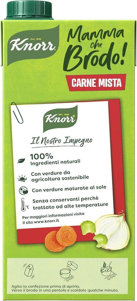 MHD 10/2026 Knorr Mamma Che Brodo! Carne mista Gemischte Fleisch Fertigbrühe mit 100% natürlichen Zutaten und Gemüse aus nachhaltiger Landwirtschaft, gluten und laktosefrei, 1 LT italienisch Original