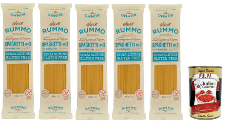 Rummo Pasta Nudeln Glutenfreie Spaghetti, Bronze Gezeichnete gluteinfrei, perfekt für Menschen mit Zöliakie oder Glutenunverträglichkeit, 5x 400 g + Italian Gourmet polpa 400g