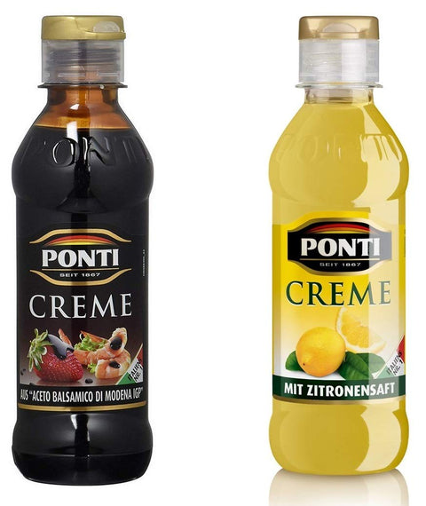 PONTI CREMA, typisch italienische Crème, 2er Pack: Aceto Balsamico di Moderna, Balsamicocreme (1x250ml) und Ponti Creme mit Zitronensaft (1x 200ml)