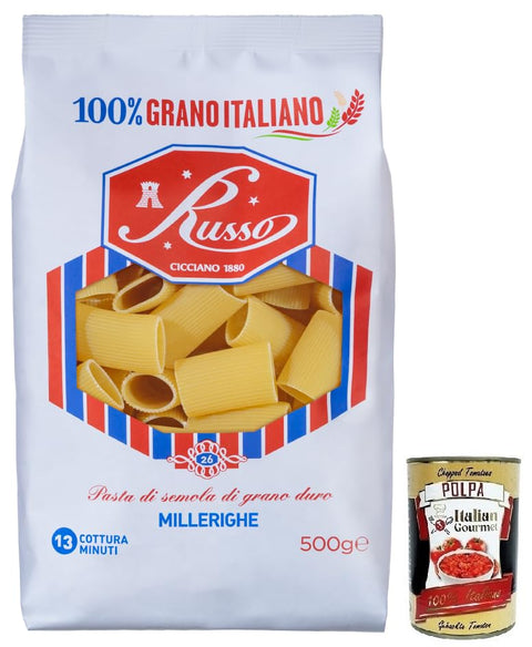 Russo Millerighe N°26 Hartweizengrieß Pasta,100% Italienischer Weizen,500g-Packung + Italian Gourmet Polpa di Pomodoro 400g Dose