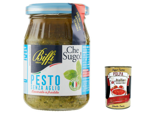 12x Biffi Pesto alla genovese senz'aglio, 100% vegetale, Pesto Sauce Ohne Knoblauch, 190 g Soße + Italian Gourmet polpa 400g