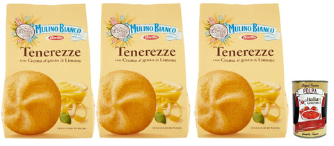 Mulino Bianco Tenerezze Biscotti con Crema al Gusto di Limone, Kekse mit Zitrone geschmack creme, biscuits cookies, 3x 200g + Italian Gourmet polpa 400g
