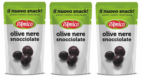 3x D'Amico Il Nuovo Snack Olive Nere Snocciolate Entsteinte Schwarze Oliven Ohne Flüssigkeit 75g