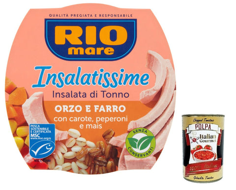 6x Rio Mare Insalatissime Orzo Farro e Tonno Gerste, Dinkel und Thunfisch 160g mit Karotten, Paprika und Mais Fertiggerichte + Italian Gourmet polpa 400g