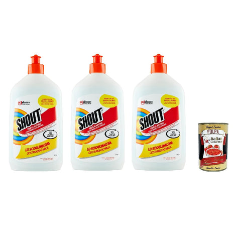 Shout Scioglimacchia Liquido, Smacchiatore Bucato Tripla Azione, Fleckenentferner für die Wäsche, sicher für weiße und bunte Wäsche, 3 Stück à 500 ml + Italian Gourmet polpa 400gr