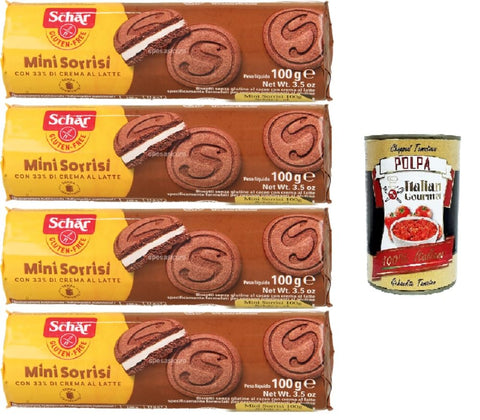 Schar, Mini Sorrisi, Biscotti senza glutine al cacao con crema al latte Mini Sorrisi, glutenfreie Kakaokekse mit Milchcreme 4x100gr + Italian Gourmet polpa 400g