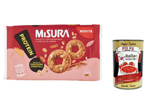 12x Misura Protein Kekse mit Mandeln und Haferflocken, Reich an pflanzlichen Proteinen, Mehl aus der italienischen Lieferkette, biscuits cookies 260g + italian Gourmet polpa 400g