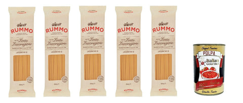 Rummo Linguine N° 13 Pasta Lenta Lavorazione Teigwaren aus Hartweizengrieß Bronze-Zeichnung 5x 500g + Italian Gourmet polpa 400g