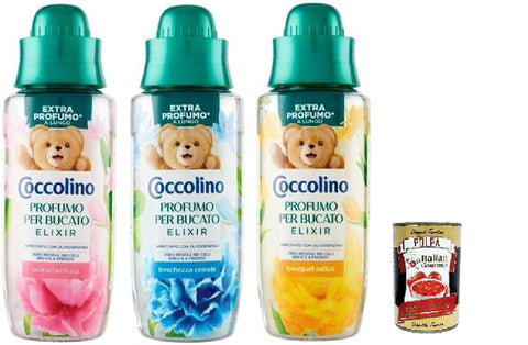 Testpaket Coccolino Profumo per Bucato Elixir - Flüssiges Parfüm für die Wäsche - Flüssiges Wäsche Deodorant 3 x 342ml + Italian Gourmet polpa 400g