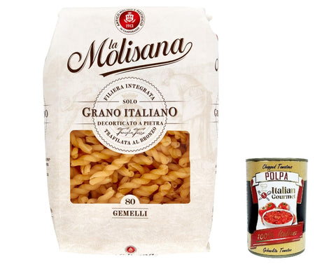 10x La Molisana Gemelli N. 80 Pasta Lenta Lavorazione Teigwaren aus Hartweizengrieß Bronze-Zeichnung 500g + Italian Gourmet Polpa 400g