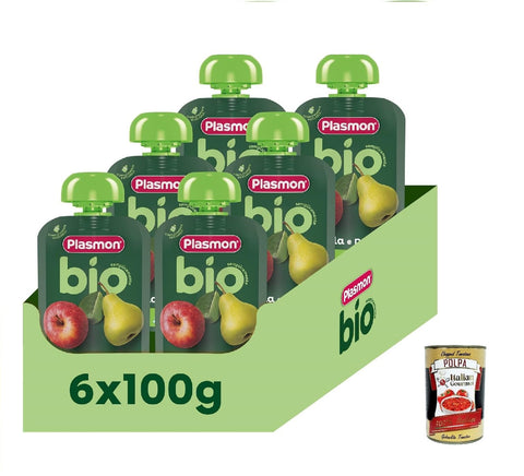 Plasmon Pouch Mela Pera 100g, Fruchtpüree mit Apfel- und Birnengeschmack 6x100g + Italian Gourmet polpa 400gr