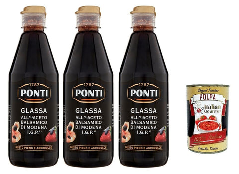 Ponti Glassa all' Aceto Balsamico di Modena, Glasur mit Balsamico-Essig aus Modena I.G.P., 3x 500g + Italian Gourmet polpa 400g
