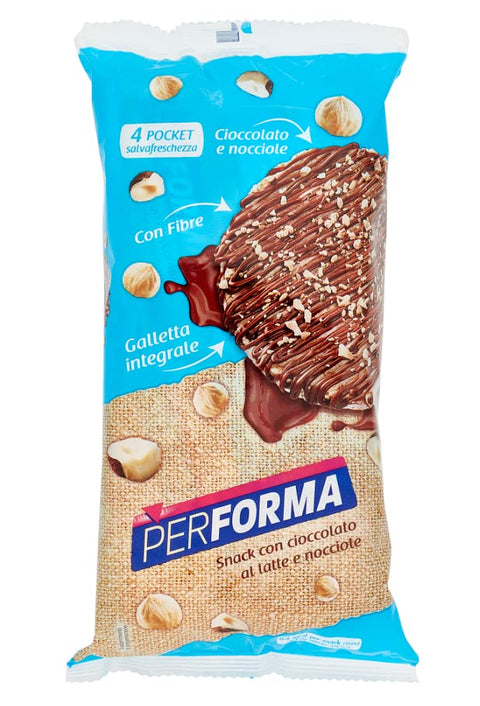 Performa Snacks von Vollkorn Reis mit Milchschokolade und Haselnüssen Vollkorn Reiskuchen im 4er-Pack Frischespartaschen mit je 2 Keksen ( 8 Snacks x 17,75 g ) 142g