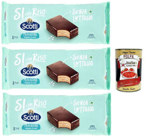 Si con Riso - Merendina Ricoperta con Cioccolato, Kuchen mit Schokolade bedeckt, Laktose -freie Süße Snacks, Palmöl ohne, 3x 264g + Italian Gourmet polpa 400g