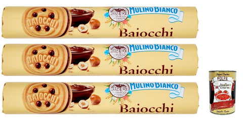 Mulino Bianco Baiocchi Biscotti Snack Farciti con Crema alla Nocciola e Cacao, Snack Kekse mit Haselnusscreme und Kakao gefüllt, 3x 168 g + Italian Gourmet polpa 400g