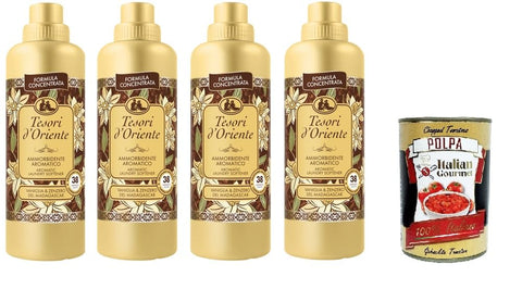 Tesori d'Oriente – Konzentrierter Weichspüler Vanille und Madagaskar-Ingwer,38 Wäschen, Mit wertvollen Mikrokapseln für weiche und duftende Kleidungsstücke, 4x760 ml+ Italian Gourmet polpa 400g