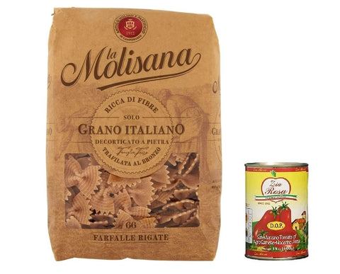 12x La Molisana Pasta Integrale Farfalle Rigate n°66 Vollkornnudeln Vollkornpasta,100% italienischer Weizen,Bronzepaste 500g Packung + Zia Rosa DOP Pomodoro San Marzano Dose von 400g