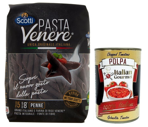 Riso Scotti Pasta Venere Penne Rigate,Pasta aus Hartweizengrieß und Schwarzem Venere-Vollkornreismehl,Packung mit 400g + Italian Gourmet Polpa di Pomodoro 400g Dose