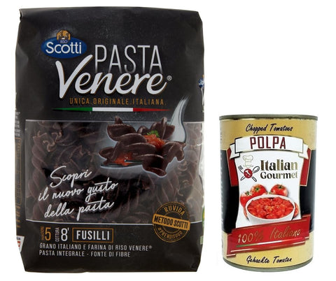 Riso Scotti Pasta Venere Fusilli,Pasta aus Hartweizengrieß und Schwarzem Venere-Vollkornreismehl,Packung mit 400g + Italian Gourmet Polpa di Pomodoro 400g Dose