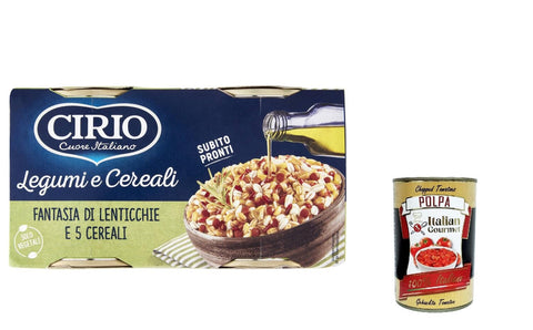 12x Cirio Legumi e Cereali Fantasia di Lenticchie e 5 Cereali, Hülsenfrüchte und Müsli -Fantasie der Linsen und 5 Getreide 2 x 200 g + Italian Gourmet polpa 400g