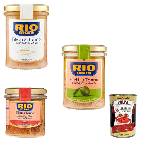 Testpaket Rio Mare Filetti di Tonno al Naturale und Natives Olivenöl extra 2x 180g Thunfischfilets mit Chili 130g handgefertigt + Italian Gourmet poolpa 400g