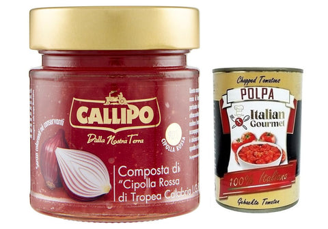 Callipo Composta Di Cipolla Rossa Di Tropea Calabria I.G.P.,Kompott aus Roten Zwiebeln aus Tropea Kalabrien,Glas 300g + Italian Gourmet Polpa di Pomodoro 400g Dose