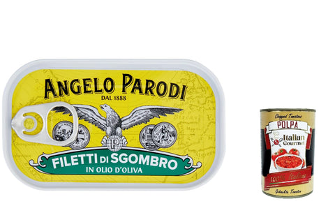 12x Angelo Parodi Filetti Di Sgombro In Olio D'oliva, Makrele Filets in Olivenöl 90 g + Itlaian Gourmet polpa 400g