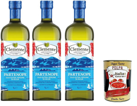 Clemente Partenope Kaltgepresstes natives Olivenöl extra – Cuvée aus europäischen Olivenölen – Hergestellt in Italien (3 x 1 l) + Italienisches Gourmet-Tomatenfruchtfleisch (400 g)