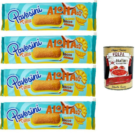 Pavesi Pavesini Aloha Snack Kekse mit Mango-Kokos-Ananas-Geschmack, limitierte Auflage, 4 x 200 g+ Italian Gourmet polpa 400g