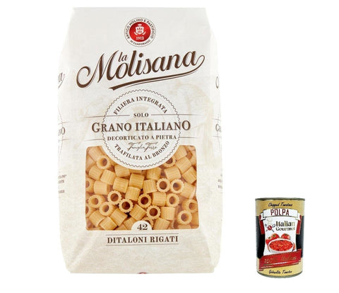 10x La Molisana Ditaloni rigati N. 42 Pasta Lenta Lavorazione Teigwaren aus Hartweizengrieß Bronze-Zeichnung 500g + Italian Gourmet Polpa 400g