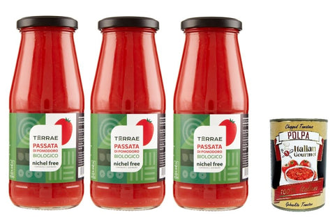 TERRAE Nickelfreies Tomatenpüree 3x420 GR Produkt mit niedrigem Nickelgehalt (≤ 0,03 mg/kg) + Italian Gourmet polpa 400g