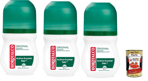 Original Deo Roll-On mit Talkum mit aktiven Kristallen, dreifacher Trockenschutz, ohne Alkohol, Duft von Talco – 3 à 50 ml + Italian Gourmet polpa 400g