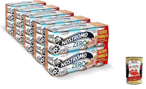 Nostromo - Natürlicher Thunfisch, 60 dosen von 65 gr. Escort -Format aus 10 Packungen. Zero Fat, bereits entwässert, bereit zu schmecken + Italian gourmet polpa 400g