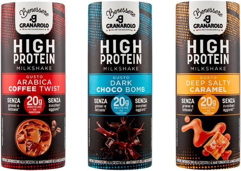 Testpaket Granarolo Hig Protein Milchshake-4x Deep Salty Caramel 235ml-4x Arabica Coffee Twist 235ml-4x Dark Choco Bomb 235ml+ Italian gourmet polpa 400g