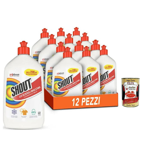 Shout Scioglimacchia Liquido, Smacchiatore Bucato Tripla Azione, Fleckenentferner für die Wäsche, sicher für weiße und bunte Wäsche, 12 Stück à 500 ml + Italian Gourmet polpa 400gr