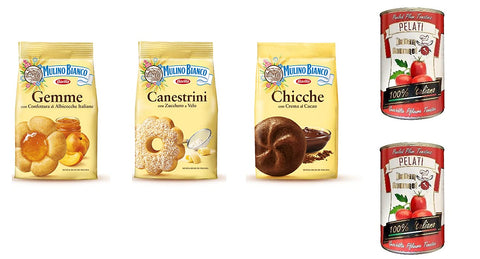 Testpaket Mulino Bianco Canestrini-Gemme-Chicche Kekse biscuits 3x200g neue Güte + Italian Gourmet 100% italienische geschälte Tomaten dosen 2x 400g